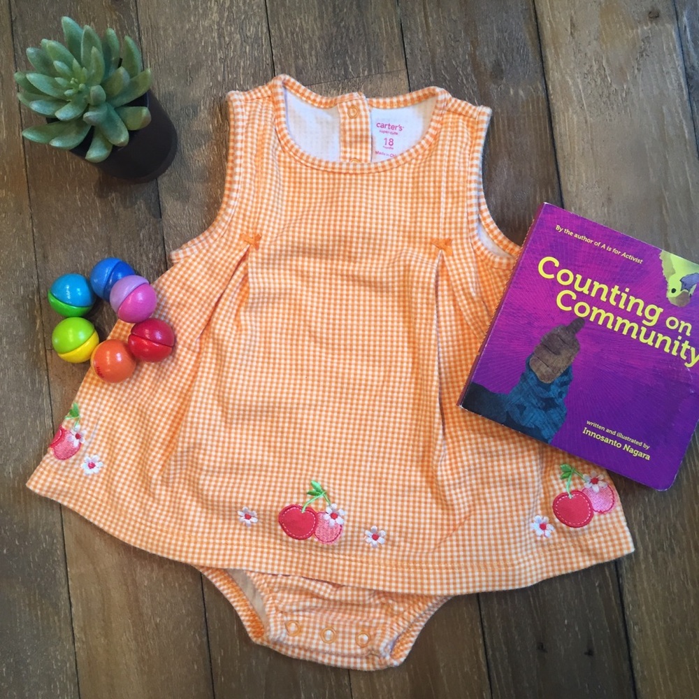 Orange checkered onesie w/cherry embroidery